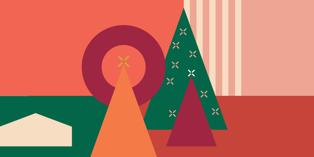 Callington Mill festive Christmas artwork with geometric Christmas trees in red, green and coral